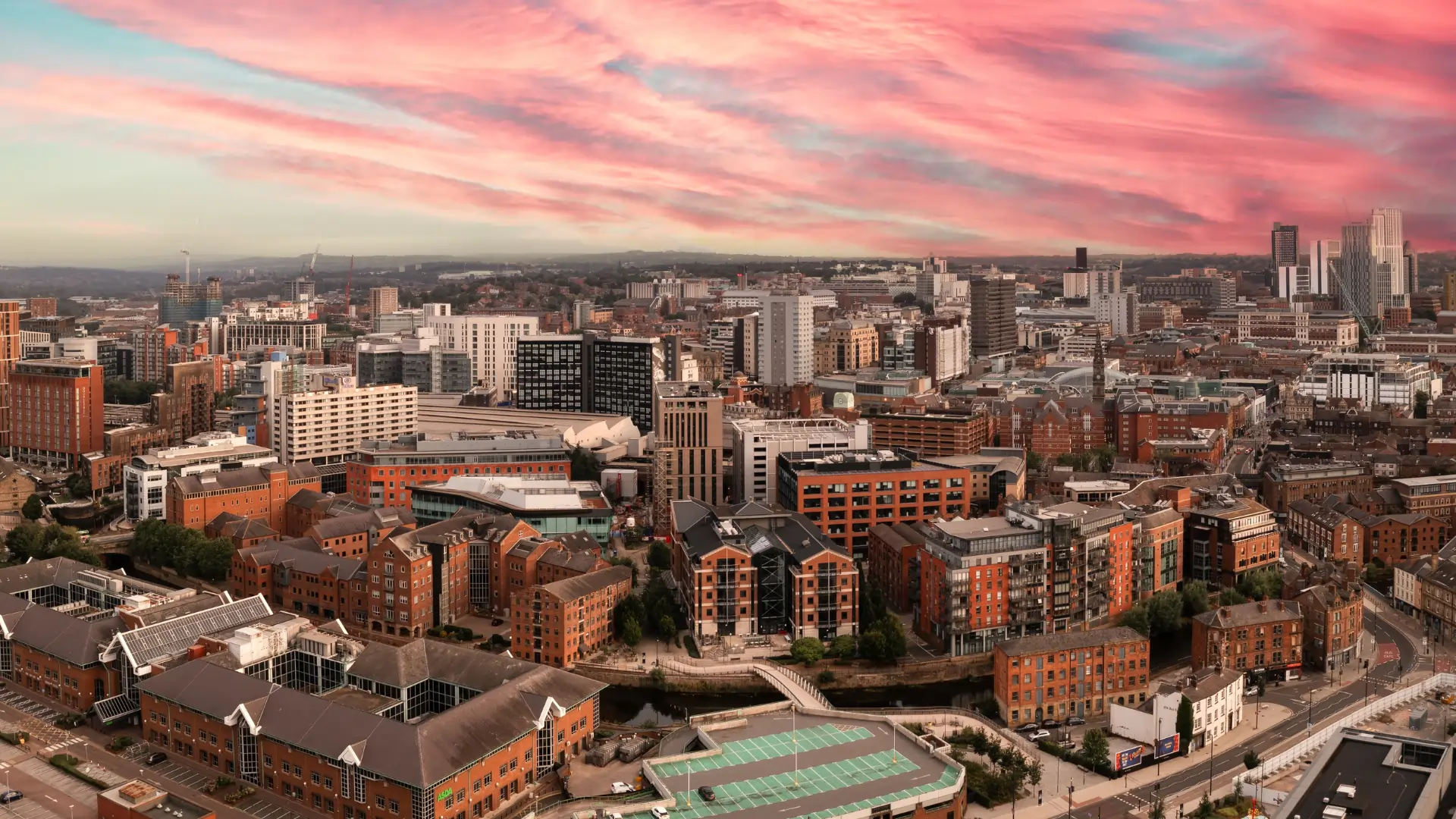 Leeds city centre skyline at sunset
