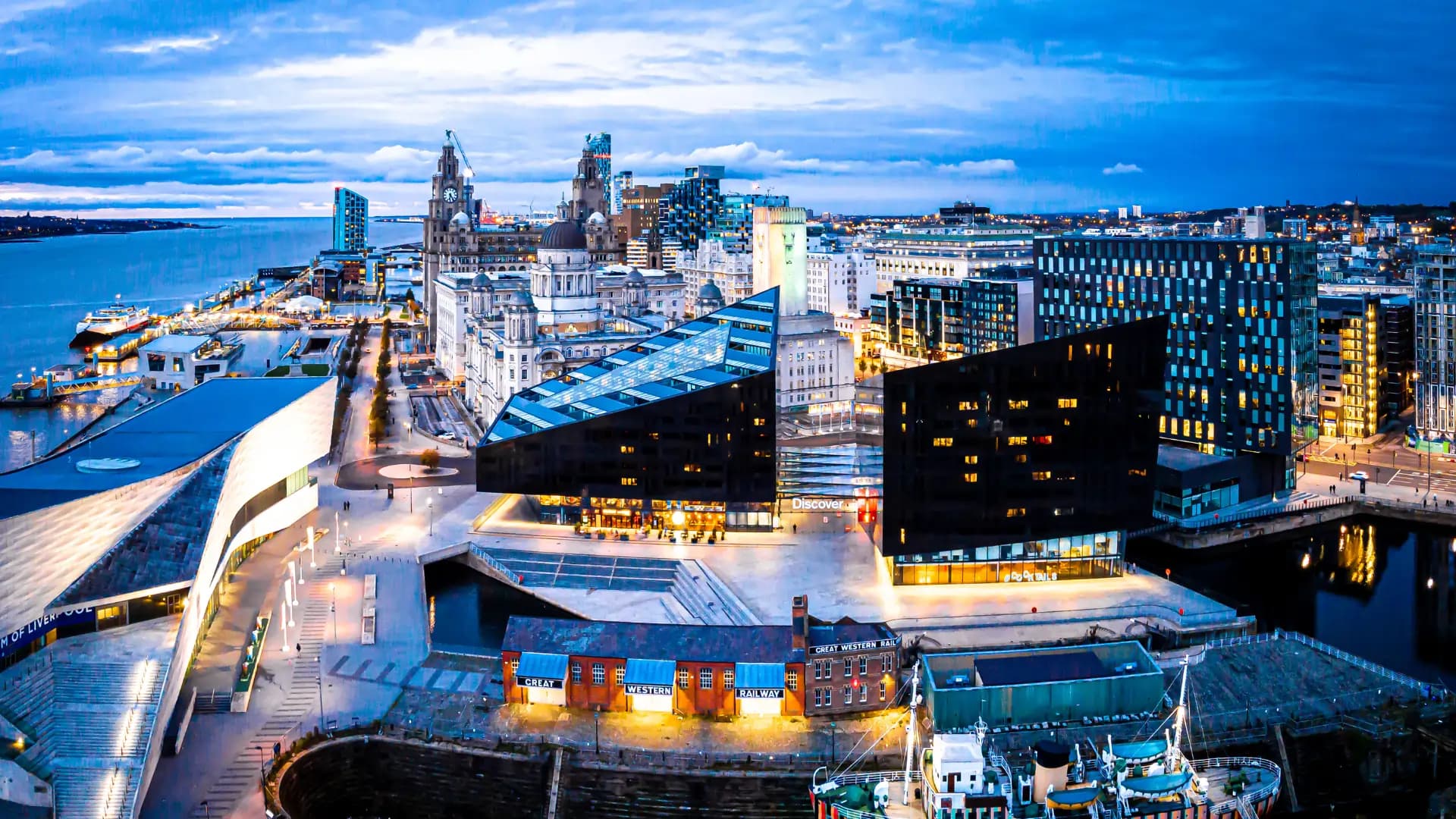 Liverpool waterfront and city centre at night