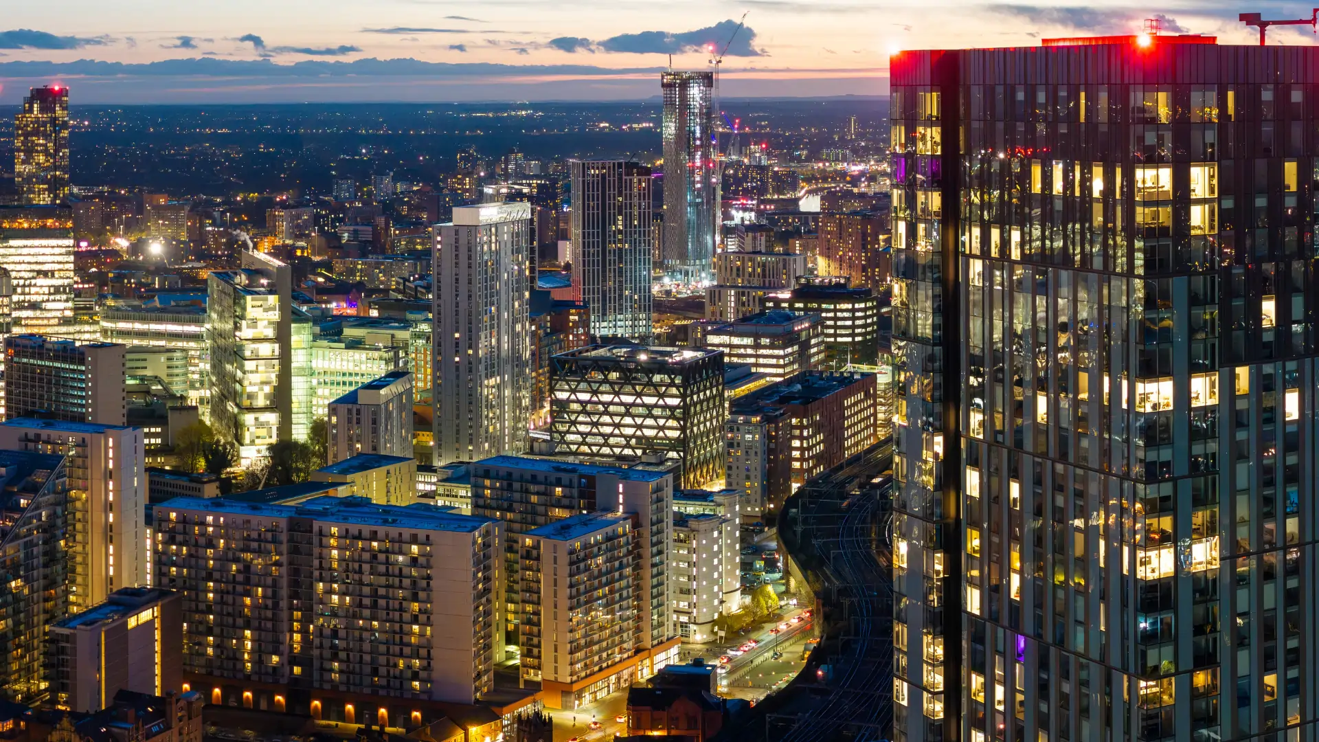 Manchester city centre skyline at night