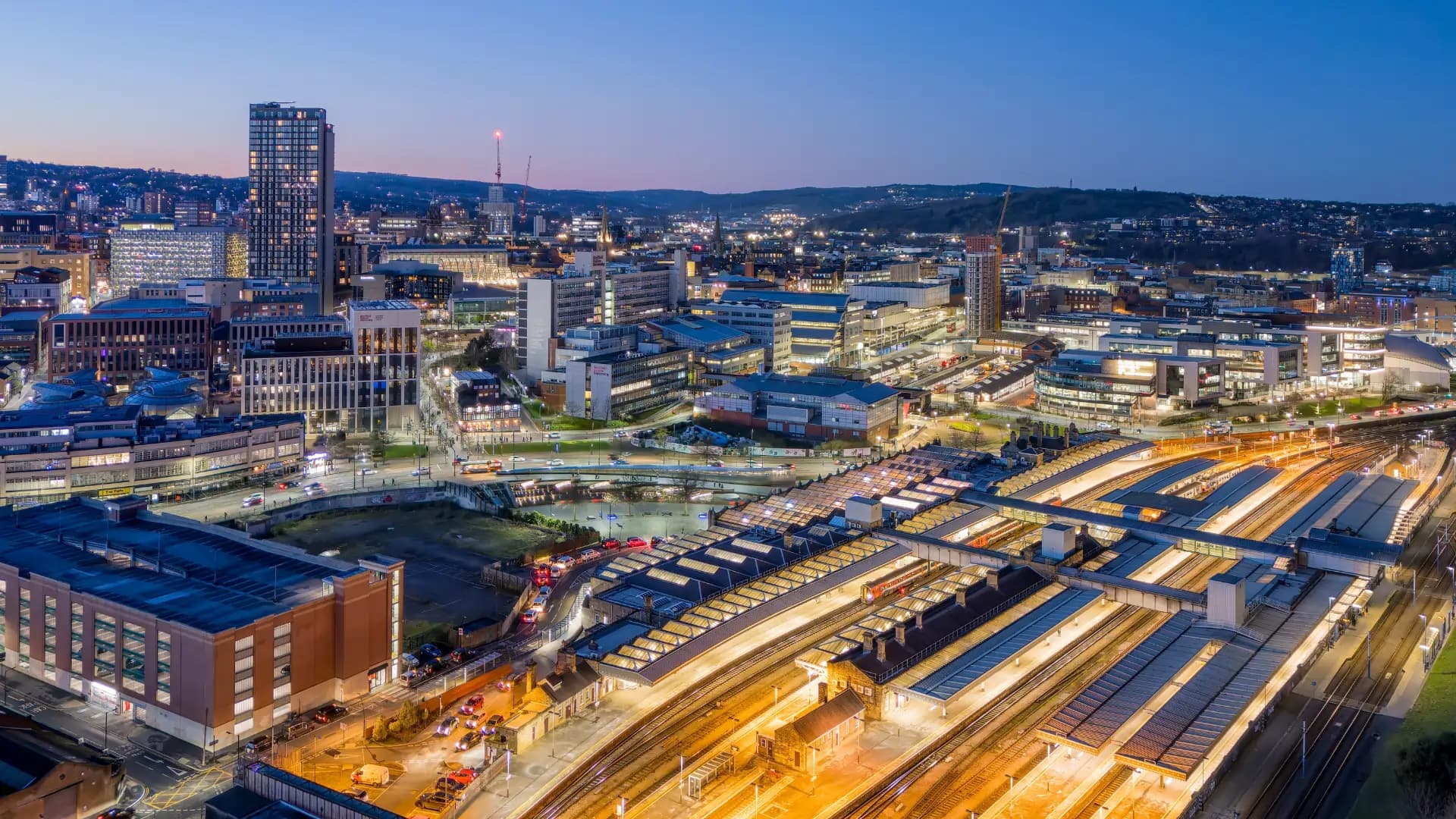 Sheffield city centre and railway station at night