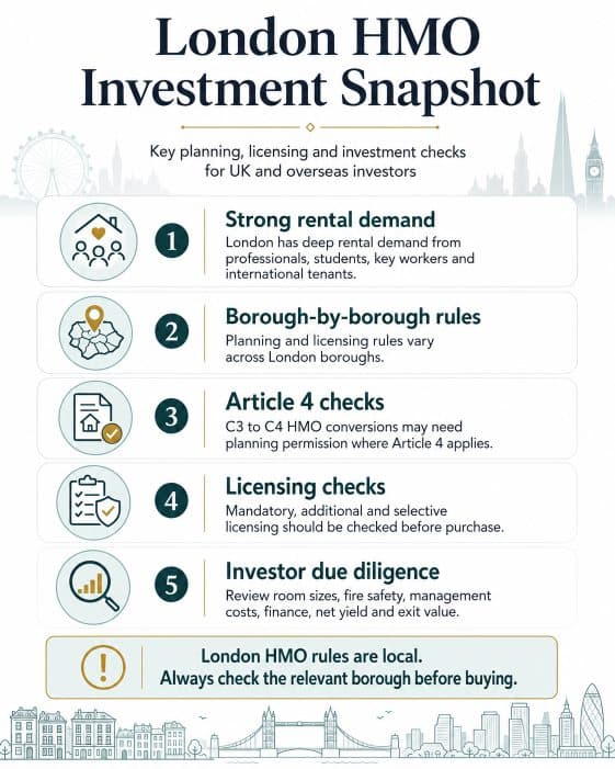 Infographic summarising London HMO investment considerations including borough-level Article 4, HMO licensing, rental demand and due diligence