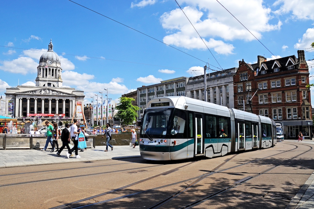 Tram passing the City Hall, Nottingham.