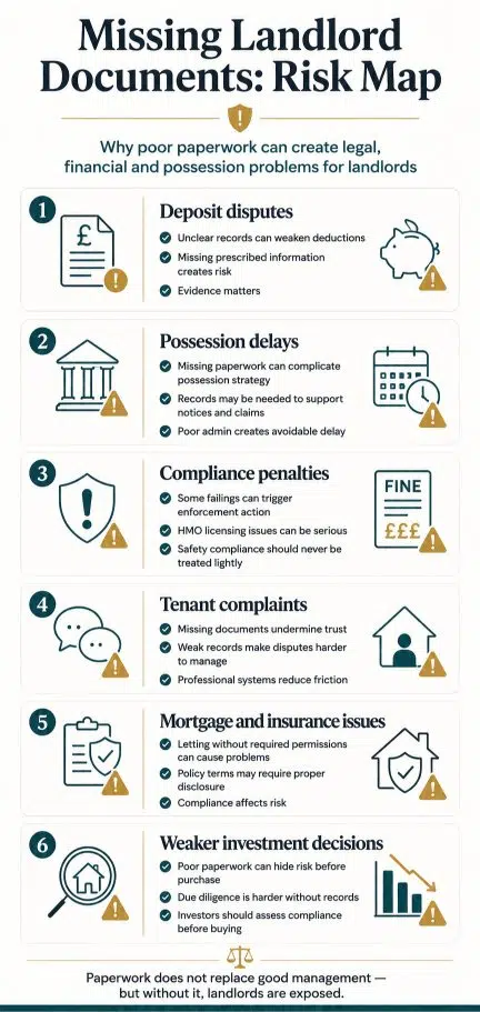 Risk map infographic showing the legal and practical problems caused by missing landlord documents