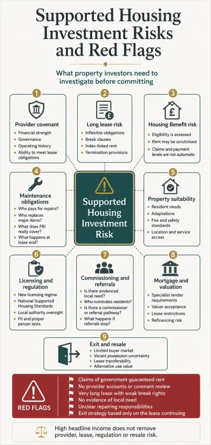Supported housing investment risk map covering provider failure, lease terms, Housing Benefit, maintenance, regulation, finance and resale risk