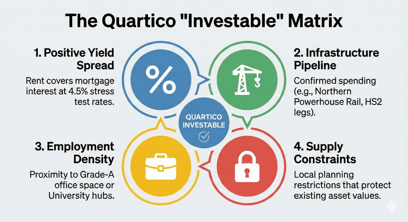 Quartico Investable Matrix infographic displaying the four criteria for 2026 property investment: Positive Yield Spread (covering 4.5% mortgage rates), Infrastructure Pipeline (Northern Powerhouse Rail), Employment Density, and Local Supply Constraints.