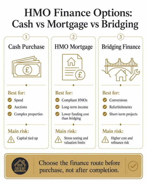 HMO finance options cash mortgage and bridging explained for property investors